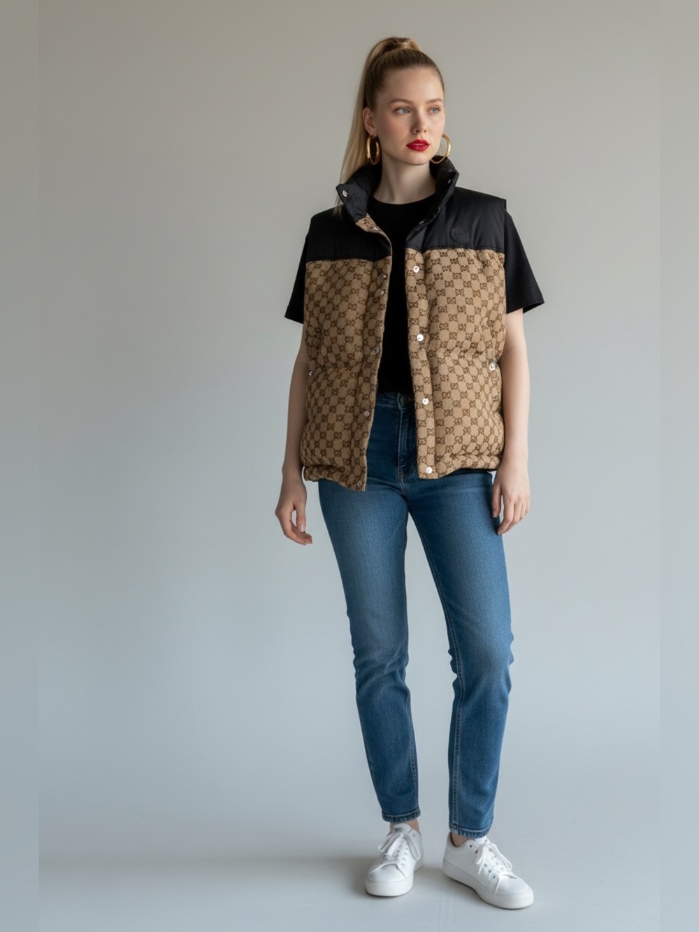 Gucci NWT Tan Monogram Puffer Vest with Black Yoke
